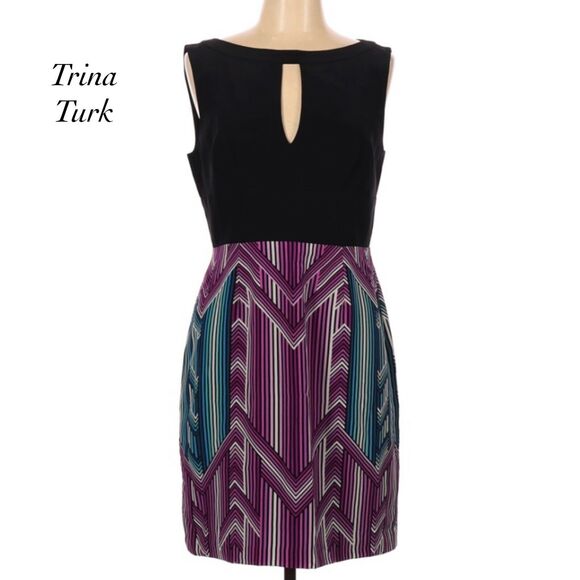 Trina Turk Sleeveless Silk Dress Black Keyhole Bodice Abstract Skirt NWT Size 10 - Picture 1 of 10